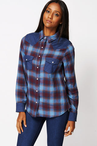 Checked Shirt with Denim Detail Available in Plus Sizes-Blue -UK 8 - EU 36