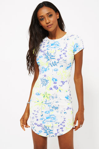 Flower Print Curved Hem Shift Dress Ex-Branded-White -UK 8 - EU 36