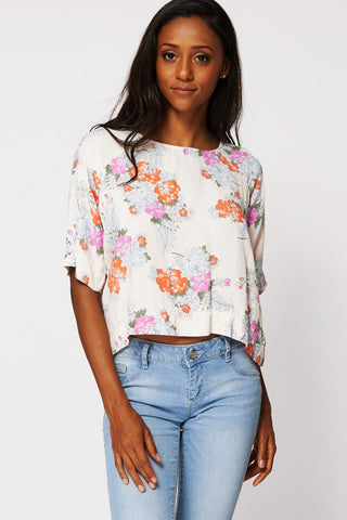 Box Style Floral Blouse-Cream-UK 14 - EU 42