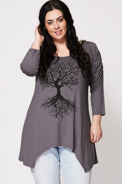 Tree Print 3/4 Ruched Sleeve Top-Purple-20