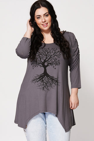 Tree Print 3/4 Ruched Sleeve Top-Purple-20