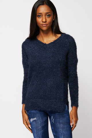 Navy Fluffy V-Neck Jumper-Navy-XXLarge- UK (16-18)