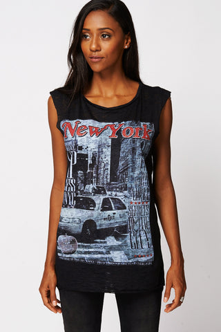 New York Print Burnout Dipped Hem Top Ex-Branded-Black-UK 12 - EU 40