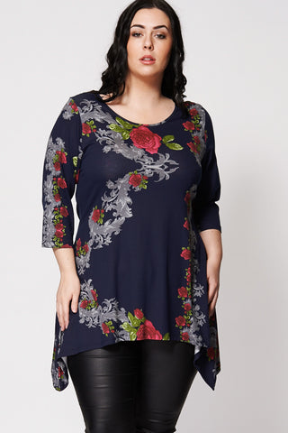 Rose Print Hanky Hem Top-Navy-26/28