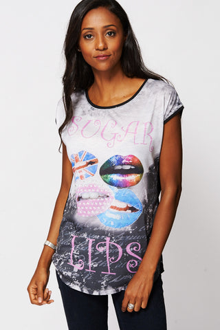 Sugar Lips Print Sparkly Top-Black-Large - UK (12-14)