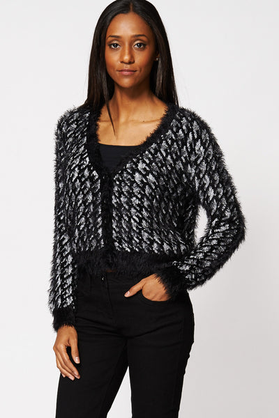 Houndstooth Fluffy Crop Cardigan Ex-Branded-Silver-10