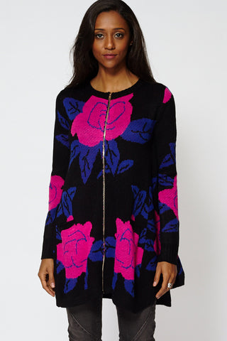 Floral Print Wave Hem Knitted Cardigan Dress-Floral-One Size