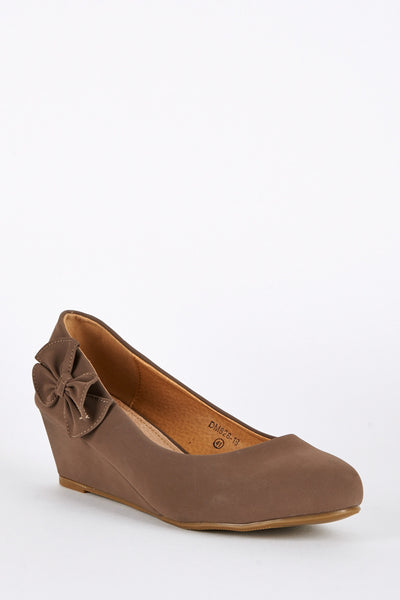 Large Size Faux Suede Wedge Shoe with Side Bow Detail-Brown-UK 10 - EU 43
