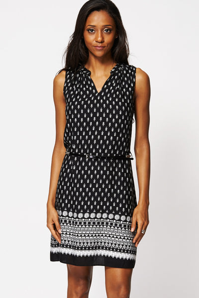 Ethnic Print Belted Shift Dress -Black-18