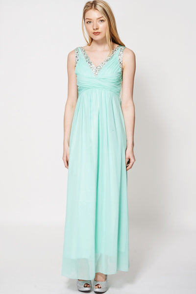 Diamante Detail V-Neckline Pleated Top Dress -Green-M