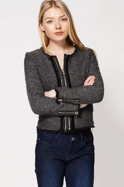 Textured Zip-Front Jacket With Fringe Trim-Beige-XL