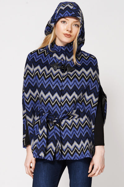 Batwing Zig Zag Print Cotton Blend Hooded Poncho Cape-Multi-L