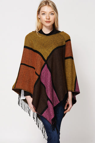 Soft Knit Geometric Print Poncho With Fringe-Multi-One Size