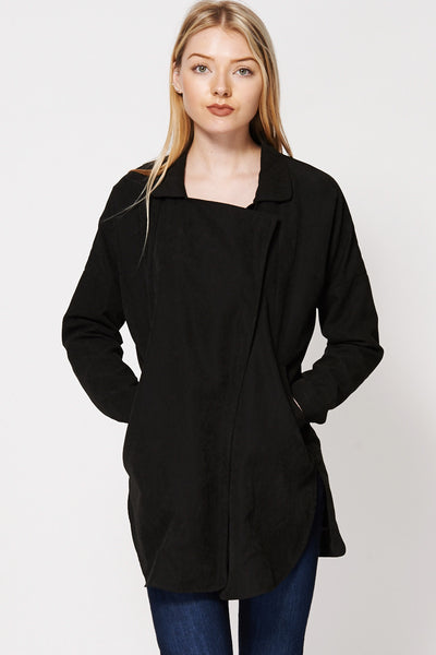 Batwing Rounded Hem Long Jacket-Black-M/L