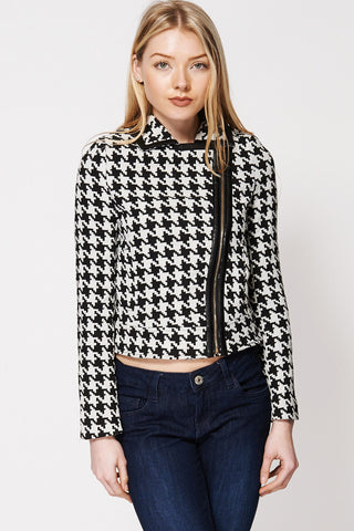 Houndstooth Leatherette Trim Biker Jacket-Multi-XL