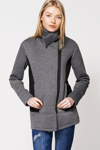 Fleece Fishnet Side Panel Asymmetrical Zip-up Jacket In Grey-Grey-L