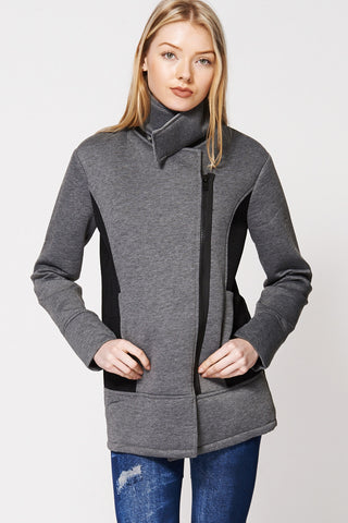 Fleece Fishnet Side Panel Asymmetrical Zip-up Jacket In Grey-Grey-L