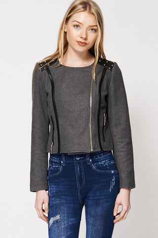 Fleece Side Zip Short Jacket With Studded Shoulder-Black-XL
