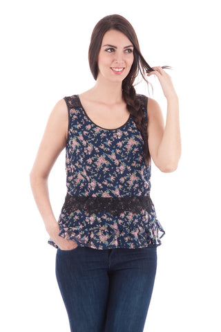 Sleeveless Floral Blouse with Frill and Lace Detail-Cream-UK 12 - EU 40