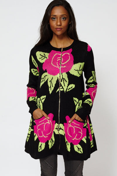 Bright Floral Print Asymmetrical Hem Knitted Cardigan Dress-Floral-One Size