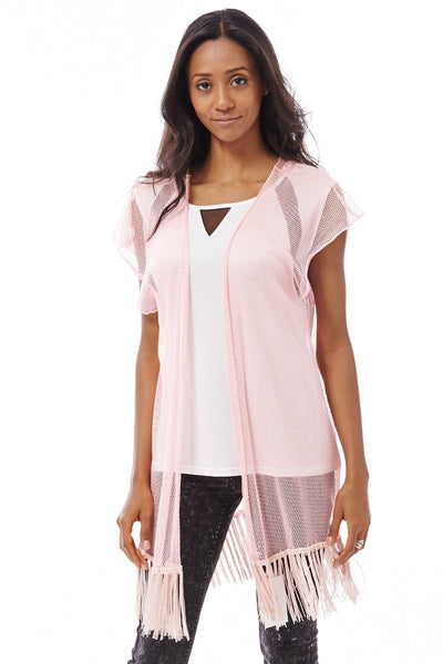 Fringed Mesh Beach Cover-Up-Beige-One Size - UK (8-20)