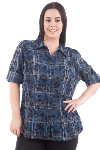 Tartan Floral Print Shirt-Blue-UK 22 - EU 50