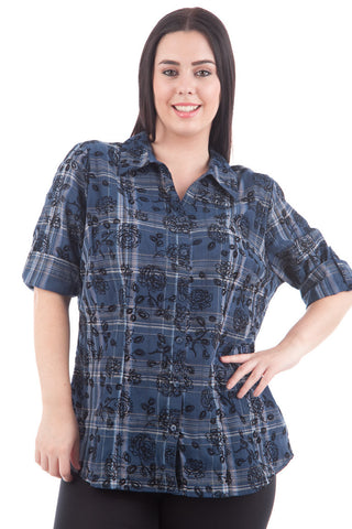 Tartan Floral Print Shirt-Blue-UK 22 - EU 50