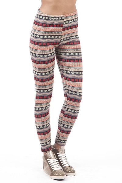 Fair Isle Patterned Fleece Lined Leggings-Brown-One Size