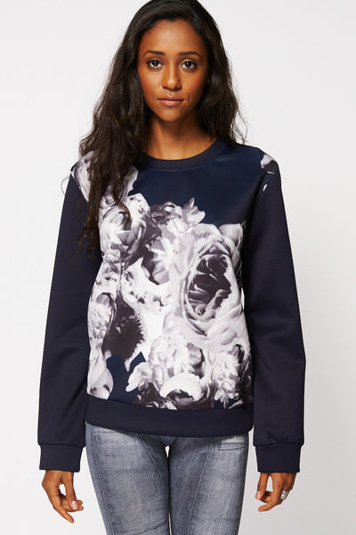 Navy Floral Print Scuba Sweatshirt-Navy-L/XL - UK (14-16)