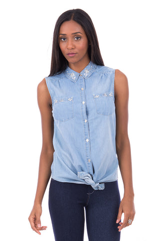 Denim Shirt With Beaded Detail AVAILABLE IN PLUS SIZES-Denim-UK 14 - EU 42