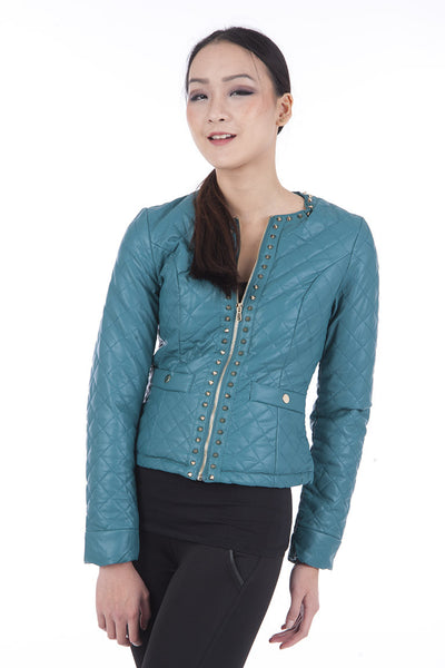 Quilted Faux Leather Studded Biker Jacket-Teal-M - UK (10-12)