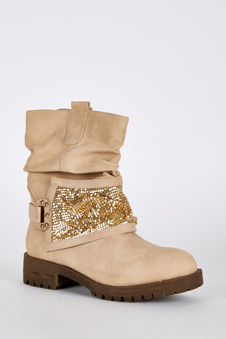 Gold Coloured Panel Beige Biker Boots-Beige-UK 7 - EU 40