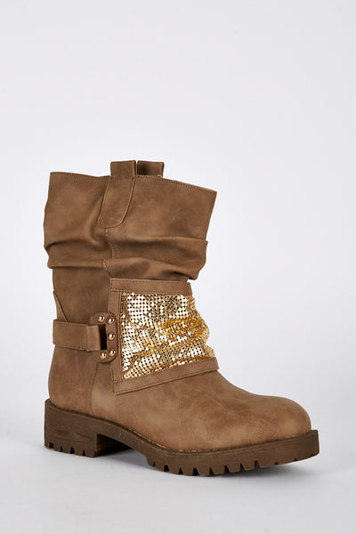 Gold Coloured Panel Biker Boots-Taupe-UK 3 - EU 36