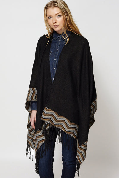 Geometric Print Pashmina Open Poncho Cape-Black-One Size