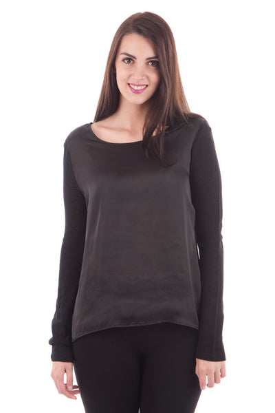 Dipped Hem Blouse with Knitted Sleeves-Black-UK 10 - EU 38
