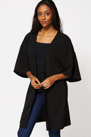Black Textured Open Kimono Cardigan Ex-Branded-Black-14