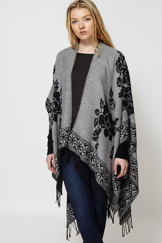 Reversible Floral Mix Print Open Poncho Cape 