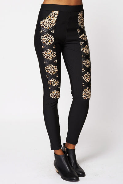 Cut Out Leopard Print Leggings-Black-M/L - UK (6-8)