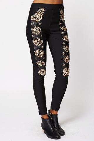 Cut Out Leopard Print Leggings-Black-M/L - UK (6-8)