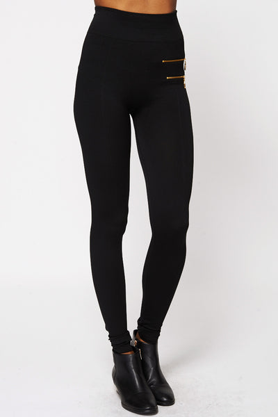 High Waisted Double Zip Detail Stretchy Leggings-Black-One Size - UK (6-12)
