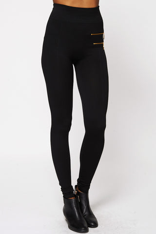 High Waisted Double Zip Detail Stretchy Leggings-Black-One Size - UK (6-12)