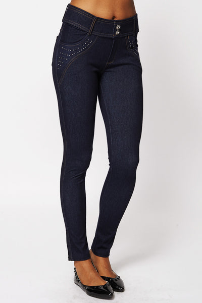 Studded Detail Jeggings with Belt Loops and Pockets-Navy-M/L - UK (6-8)