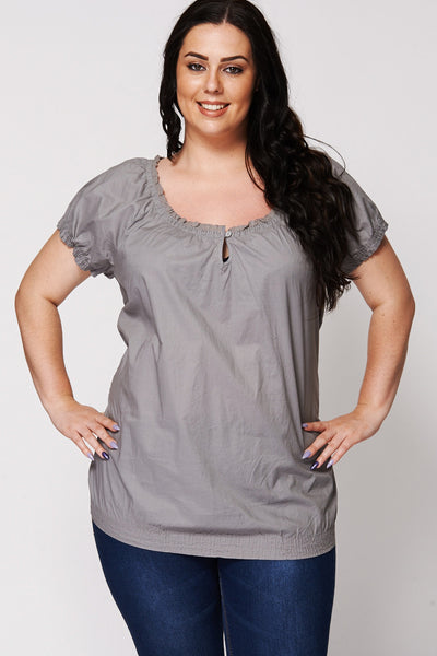 Scoop Crochet Neckline Gypsy Top-Grey-UK 26/28 - EU 54/56