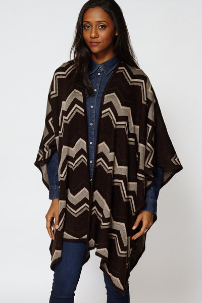 Zig Zag Print Open Poncho Cape-Multi-One Size