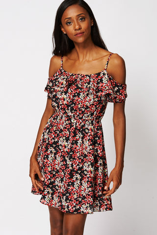 Floral Cold Shoulder Dress with Frill Detail-Black-XSmall - UK (6-8)