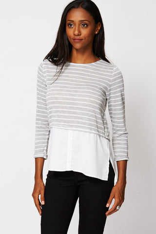Striped Layered Long Sleeved Top-Grey-UK 12 - EU 40
