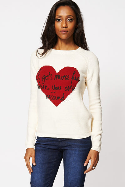 Heart Print 'It gets more fun when you are around...' Knitted Jumper-Cream-XL