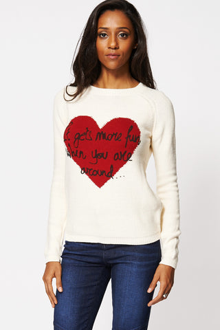 Heart Print 'It gets more fun when you are around...' Knitted Jumper-Cream-XL