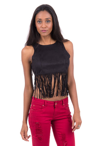 Faux Suede Crop Top With Fringe-Black-Large - UK (12-14)