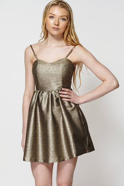 Shiny Patterned Mini Dolly Style Dress-Gold-M